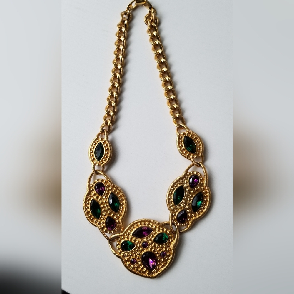 Napier Gold-Tone Necklace with Emerald Green and Amethyst Purple Stones